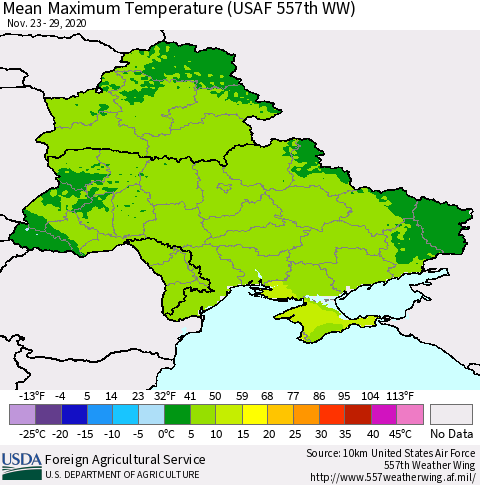 Ukraine, Moldova and Belarus Maximum Temperature (USAF 557th WW) Thematic Map For 11/23/2020 - 11/29/2020
