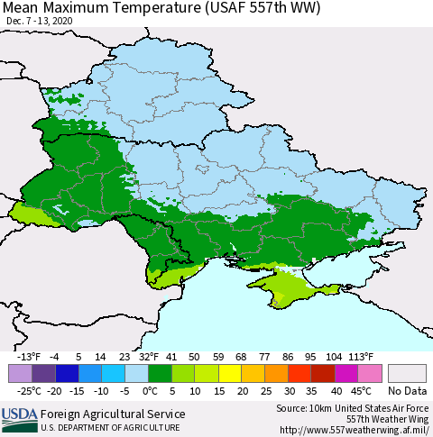 Ukraine, Moldova and Belarus Maximum Temperature (USAF 557th WW) Thematic Map For 12/7/2020 - 12/13/2020