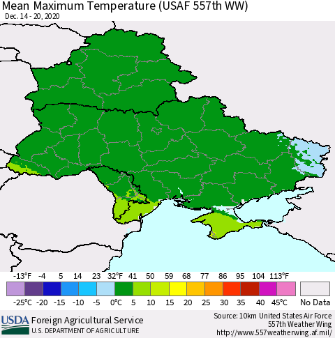 Ukraine, Moldova and Belarus Maximum Temperature (USAF 557th WW) Thematic Map For 12/14/2020 - 12/20/2020