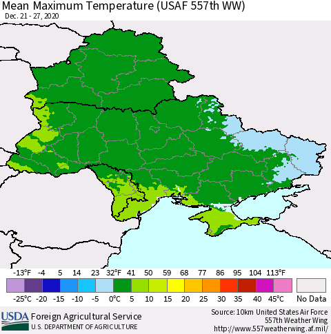 Ukraine, Moldova and Belarus Maximum Temperature (USAF 557th WW) Thematic Map For 12/21/2020 - 12/27/2020