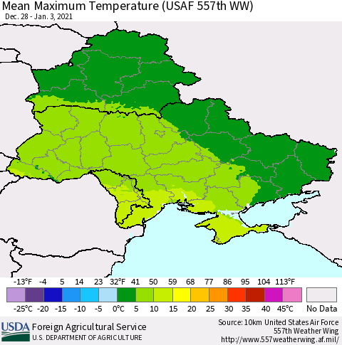 Ukraine, Moldova and Belarus Mean Maximum Temperature (USAF 557th WW) Thematic Map For 12/28/2020 - 1/3/2021
