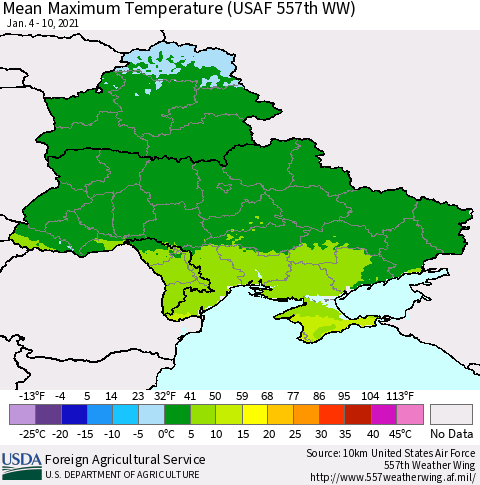 Ukraine, Moldova and Belarus Maximum Temperature (USAF 557th WW) Thematic Map For 1/4/2021 - 1/10/2021