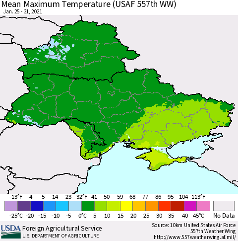Ukraine, Moldova and Belarus Mean Maximum Temperature (USAF 557th WW) Thematic Map For 1/25/2021 - 1/31/2021