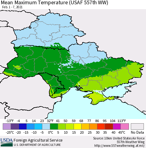 Ukraine, Moldova and Belarus Mean Maximum Temperature (USAF 557th WW) Thematic Map For 2/1/2021 - 2/7/2021