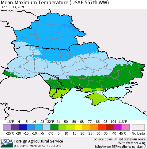 Ukraine, Moldova and Belarus Mean Maximum Temperature (USAF 557th WW) Thematic Map For 2/8/2021 - 2/14/2021