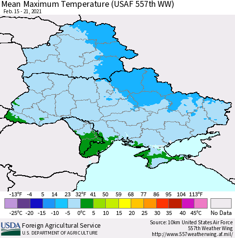 Ukraine, Moldova and Belarus Maximum Temperature (USAF 557th WW) Thematic Map For 2/15/2021 - 2/21/2021