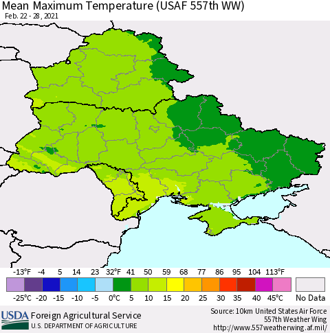 Ukraine, Moldova and Belarus Mean Maximum Temperature (USAF 557th WW) Thematic Map For 2/22/2021 - 2/28/2021