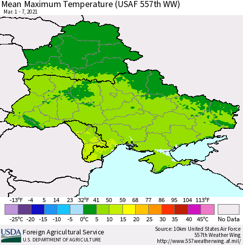 Ukraine, Moldova and Belarus Maximum Temperature (USAF 557th WW) Thematic Map For 3/1/2021 - 3/7/2021
