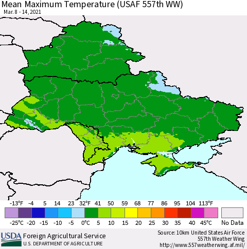 Ukraine, Moldova and Belarus Mean Maximum Temperature (USAF 557th WW) Thematic Map For 3/8/2021 - 3/14/2021