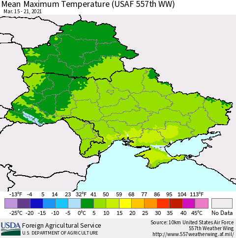 Ukraine, Moldova and Belarus Maximum Temperature (USAF 557th WW) Thematic Map For 3/15/2021 - 3/21/2021