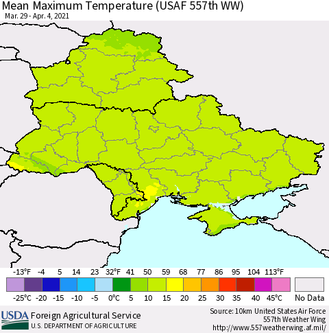 Ukraine, Moldova and Belarus Maximum Temperature (USAF 557th WW) Thematic Map For 3/29/2021 - 4/4/2021