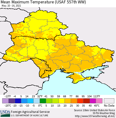 Ukraine, Moldova and Belarus Maximum Temperature (USAF 557th WW) Thematic Map For 5/10/2021 - 5/16/2021