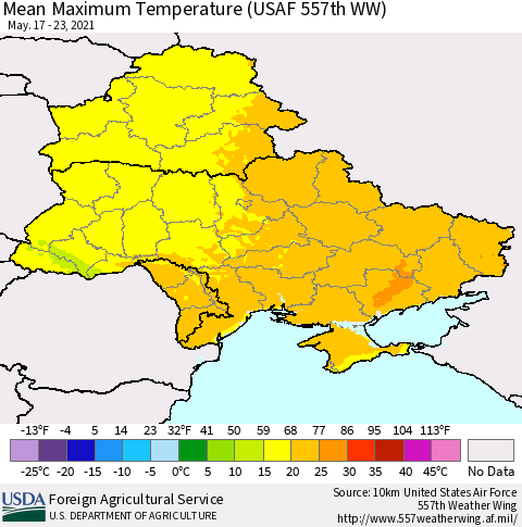 Ukraine, Moldova and Belarus Mean Maximum Temperature (USAF 557th WW) Thematic Map For 5/17/2021 - 5/23/2021