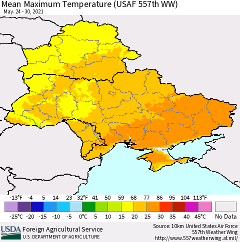 Ukraine, Moldova and Belarus Maximum Temperature (USAF 557th WW) Thematic Map For 5/24/2021 - 5/30/2021