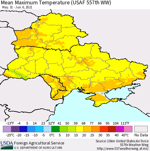 Ukraine, Moldova and Belarus Maximum Temperature (USAF 557th WW) Thematic Map For 5/31/2021 - 6/6/2021