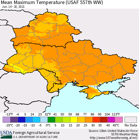 Ukraine, Moldova and Belarus Maximum Temperature (USAF 557th WW) Thematic Map For 6/14/2021 - 6/20/2021