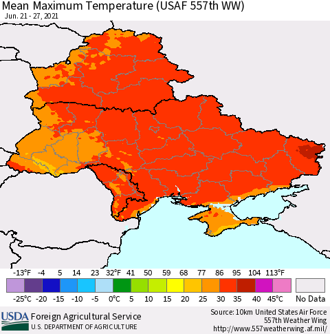Ukraine, Moldova and Belarus Maximum Temperature (USAF 557th WW) Thematic Map For 6/21/2021 - 6/27/2021