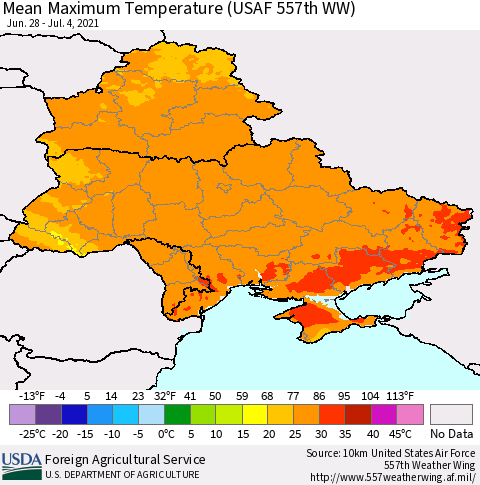 Ukraine, Moldova and Belarus Maximum Temperature (USAF 557th WW) Thematic Map For 6/28/2021 - 7/4/2021