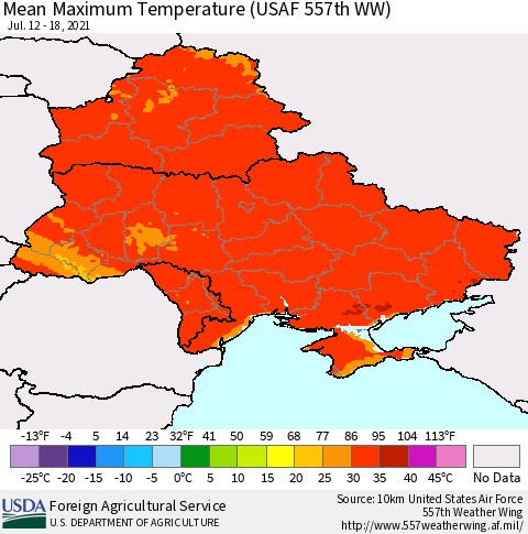 Ukraine, Moldova and Belarus Mean Maximum Temperature (USAF 557th WW) Thematic Map For 7/12/2021 - 7/18/2021