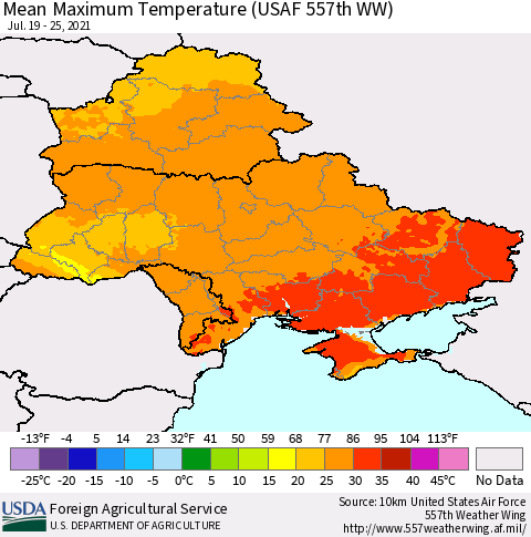 Ukraine, Moldova and Belarus Maximum Temperature (USAF 557th WW) Thematic Map For 7/19/2021 - 7/25/2021
