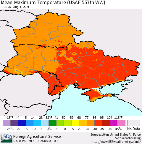 Ukraine, Moldova and Belarus Maximum Temperature (USAF 557th WW) Thematic Map For 7/26/2021 - 8/1/2021