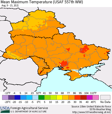Ukraine, Moldova and Belarus Maximum Temperature (USAF 557th WW) Thematic Map For 8/9/2021 - 8/15/2021