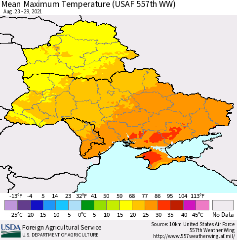 Ukraine, Moldova and Belarus Maximum Temperature (USAF 557th WW) Thematic Map For 8/23/2021 - 8/29/2021