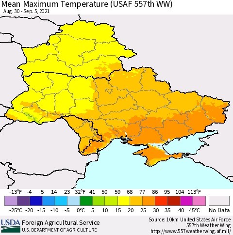 Ukraine, Moldova and Belarus Mean Maximum Temperature (USAF 557th WW) Thematic Map For 8/30/2021 - 9/5/2021