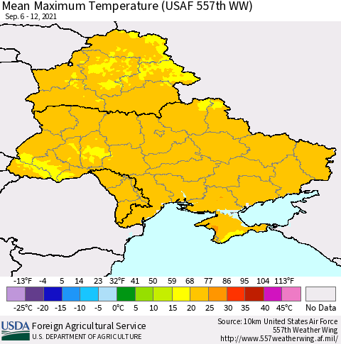 Ukraine, Moldova and Belarus Maximum Temperature (USAF 557th WW) Thematic Map For 9/6/2021 - 9/12/2021