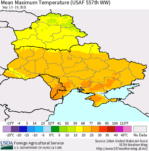 Ukraine, Moldova and Belarus Maximum Temperature (USAF 557th WW) Thematic Map For 9/13/2021 - 9/19/2021