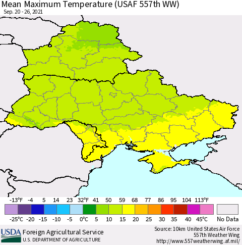 Ukraine, Moldova and Belarus Mean Maximum Temperature (USAF 557th WW) Thematic Map For 9/20/2021 - 9/26/2021