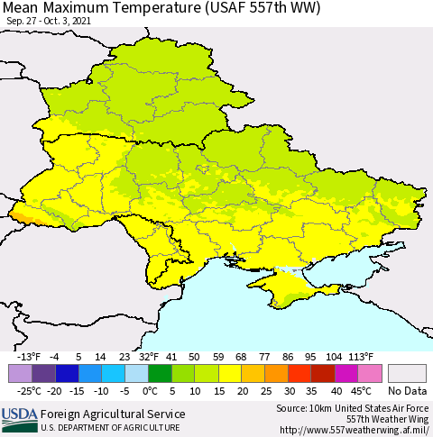 Ukraine, Moldova and Belarus Mean Maximum Temperature (USAF 557th WW) Thematic Map For 9/27/2021 - 10/3/2021