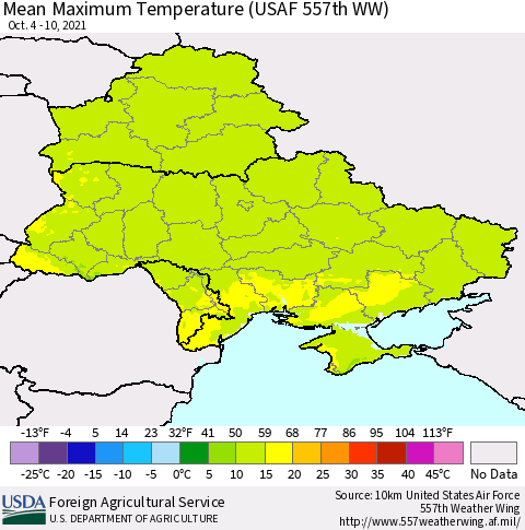 Ukraine, Moldova and Belarus Maximum Temperature (USAF 557th WW) Thematic Map For 10/4/2021 - 10/10/2021