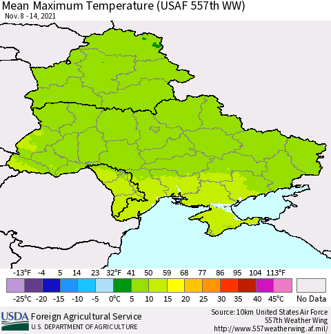 Ukraine, Moldova and Belarus Maximum Temperature (USAF 557th WW) Thematic Map For 11/8/2021 - 11/14/2021