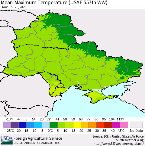 Ukraine, Moldova and Belarus Mean Maximum Temperature (USAF 557th WW) Thematic Map For 11/15/2021 - 11/21/2021