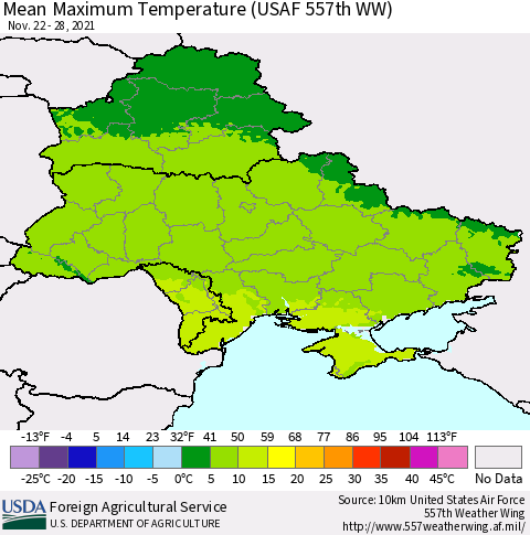 Ukraine, Moldova and Belarus Maximum Temperature (USAF 557th WW) Thematic Map For 11/22/2021 - 11/28/2021
