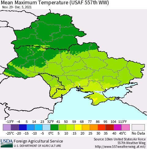 Ukraine, Moldova and Belarus Maximum Temperature (USAF 557th WW) Thematic Map For 11/29/2021 - 12/5/2021