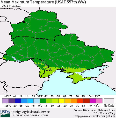 Ukraine, Moldova and Belarus Maximum Temperature (USAF 557th WW) Thematic Map For 12/13/2021 - 12/19/2021