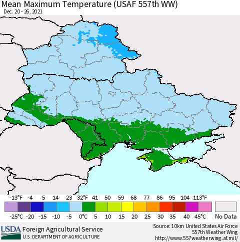 Ukraine, Moldova and Belarus Maximum Temperature (USAF 557th WW) Thematic Map For 12/20/2021 - 12/26/2021