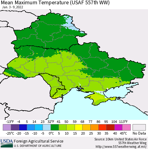 Ukraine, Moldova and Belarus Mean Maximum Temperature (USAF 557th WW) Thematic Map For 1/3/2022 - 1/9/2022