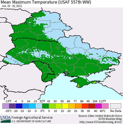 Ukraine, Moldova and Belarus Mean Maximum Temperature (USAF 557th WW) Thematic Map For 1/10/2022 - 1/16/2022