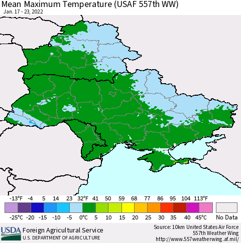 Ukraine, Moldova and Belarus Mean Maximum Temperature (USAF 557th WW) Thematic Map For 1/17/2022 - 1/23/2022