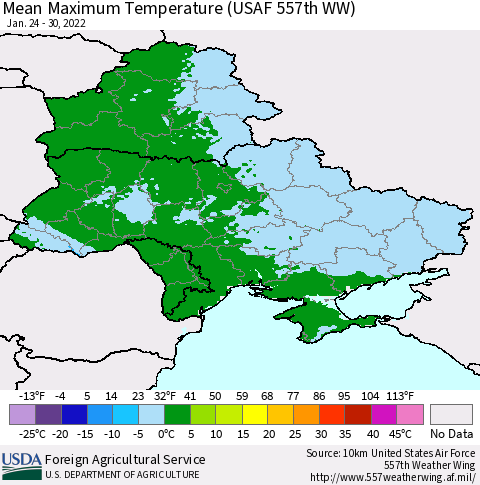 Ukraine, Moldova and Belarus Mean Maximum Temperature (USAF 557th WW) Thematic Map For 1/24/2022 - 1/30/2022