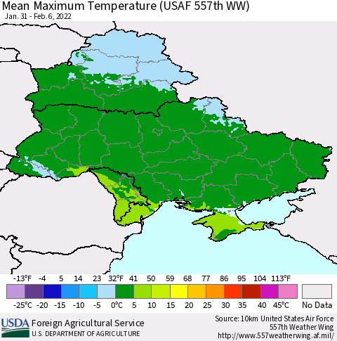 Ukraine, Moldova and Belarus Mean Maximum Temperature (USAF 557th WW) Thematic Map For 1/31/2022 - 2/6/2022