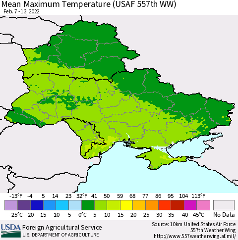 Ukraine, Moldova and Belarus Mean Maximum Temperature (USAF 557th WW) Thematic Map For 2/7/2022 - 2/13/2022