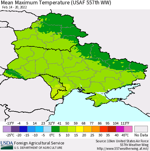 Ukraine, Moldova and Belarus Mean Maximum Temperature (USAF 557th WW) Thematic Map For 2/14/2022 - 2/20/2022