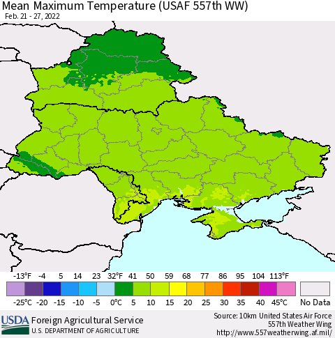 Ukraine, Moldova and Belarus Mean Maximum Temperature (USAF 557th WW) Thematic Map For 2/21/2022 - 2/27/2022