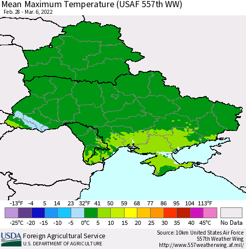 Ukraine, Moldova and Belarus Mean Maximum Temperature (USAF 557th WW) Thematic Map For 2/28/2022 - 3/6/2022