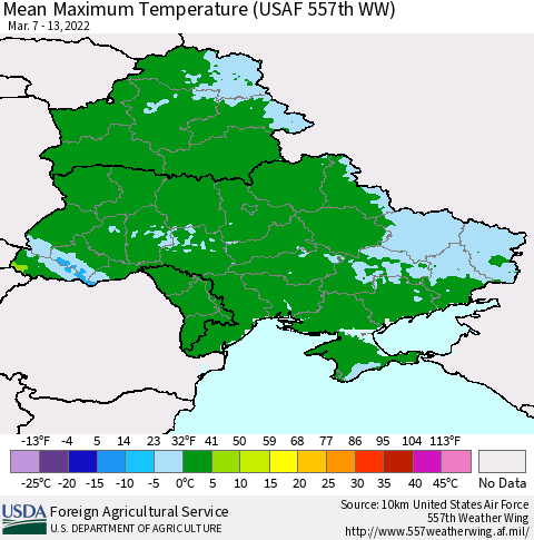 Ukraine, Moldova and Belarus Mean Maximum Temperature (USAF 557th WW) Thematic Map For 3/7/2022 - 3/13/2022