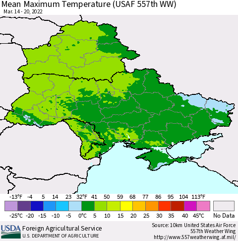 Ukraine, Moldova and Belarus Mean Maximum Temperature (USAF 557th WW) Thematic Map For 3/14/2022 - 3/20/2022